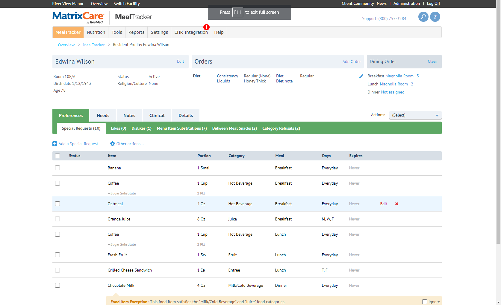 screenshot of MatrixCare MealTracker